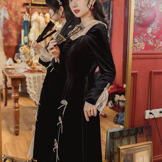 Ribbon Long-sleeve Maxi A-line Velvet Dress