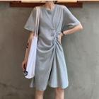 Plain Shirred Front Short-sleeve Dress