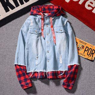 Plaid Hooded Mock Two-piece Denim Jacket