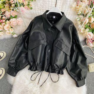 Drawstring Faux-leather Lapel Jacket
