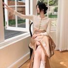 Long-sleeve Button-up Cropped T-shirt / Flower Embroidered Side-slit Midi Pencil Skirt