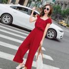 Cap-sleeve Square-neck Wide-leg Jumpsuit