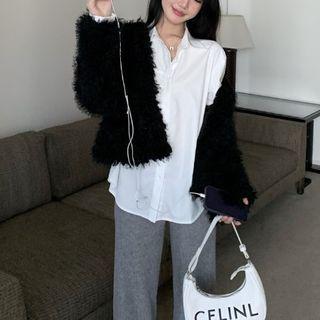Fluffy Cardigan / Plain Shirt / Wide Leg Pants