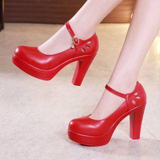 Cutout Back Ankle Strap Platform Block Heel Pumps