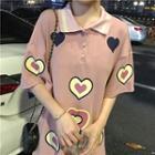 Heart Print Elbow-sleeve Polo Dress