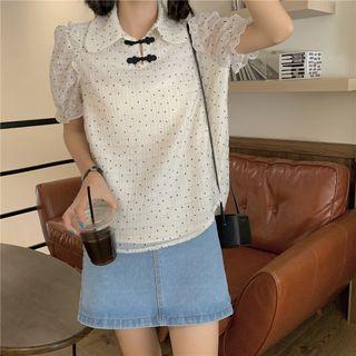 Short-sleeve Dot Print Mandarin-collar Blouse Black Polka Dot - White - One Size
