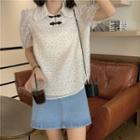 Short-sleeve Dot Print Mandarin-collar Blouse Black Polka Dot - White - One Size