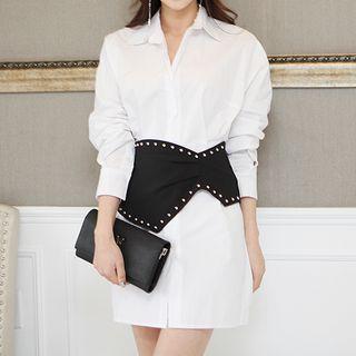 Set : Plain Long-sleeve Blouse + Panel Mini Skirt