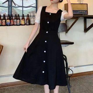 Short-sleeve Two-tone Button-up Midi A-line Dress