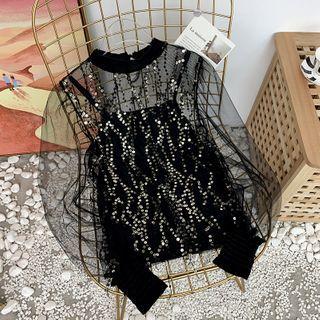 Sequined Lantern-sleeve Mesh Blouse Black - One Size