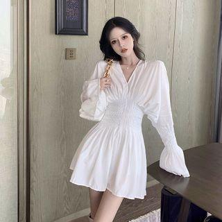 Long Sleeve Flared-cuff V-neck Slim-fit A-line Mini Dress As Shown In Figure - One Size
