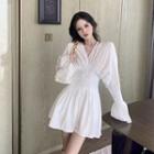 Long Sleeve Flared-cuff V-neck Slim-fit A-line Mini Dress As Shown In Figure - One Size