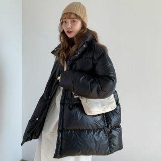 Stand-collar Wet-look Loose-fit Padded Jacket