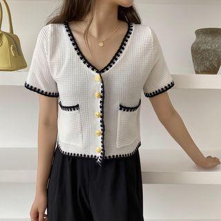 V-neck Plaid Two Tone Button-up Top