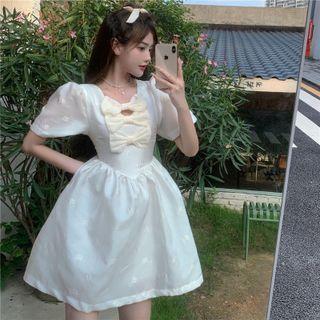 Short-sleeve Bow Accent Flower Embroidered Mini A-line Dress