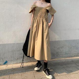 Cap-sleeve Shirred A-line Midi Dress Khaki - One Size