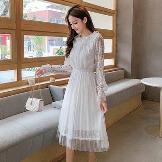 Balloon-sleeve Flare-cuff Midi A-line Lace Dress