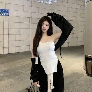 One-shoulder Tank Top / Long-sleeve Shrug / Drawstring Pants