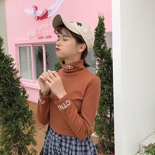 Letter Embroidered Turtleneck Long Sleeve Top