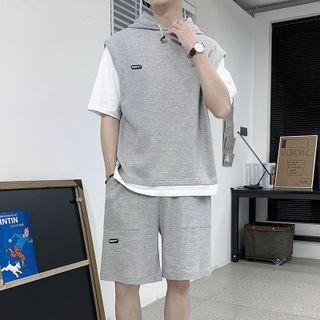 Set: Mock Two-piece Hooded T-shirt + Shorts