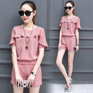 Set: Frill Trim Striped Short Sleeve Top + Shorts