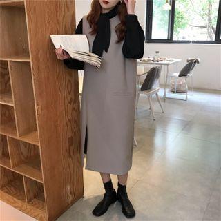Long-sleeve Midi A-line Shirt Dress / Pinafore Dress