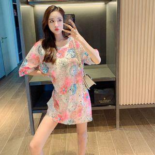 Short-sleeve Sequined Mini T-shirt Dress Yellow & Blue Paint - Beige - One Size