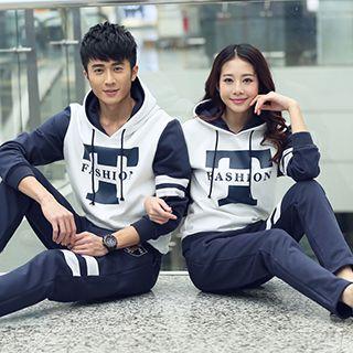 Set: Couple Hooded Color-block Top + Pants