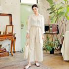 Linen Blend Wide Pants With Sash