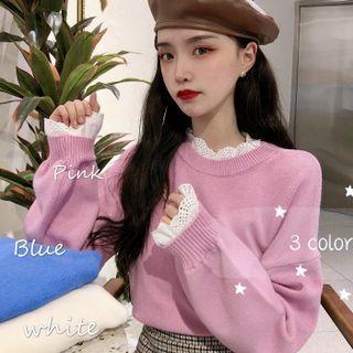 Mock Two-piece Lace Flower Trim Panel Knit Top