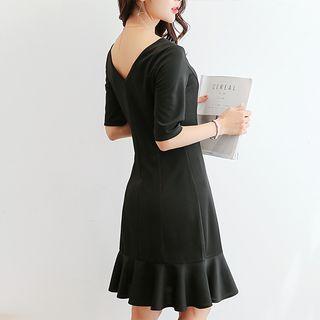 Elbow-sleeve Ruffle Hem Dress