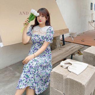 Puff-sleeve Lace Panel Floral Midi A-line Dress