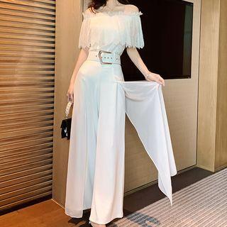 Set: Off-shoulder Lace Blouse + Wide-leg Pants