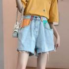 Color Block Frayed Denim Shorts