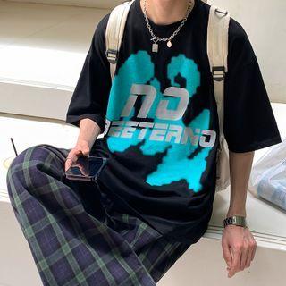 Lettering Print Elbow Sleeve Oversized Tee