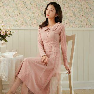 Mesh Panel Long-sleeve Collared Knit Dress