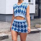 Set: Argyle Knit Vest + Mini Fitted Skirt