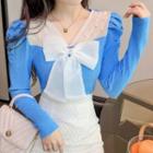 Puff-sleeve Mesh Bow Knit Top
