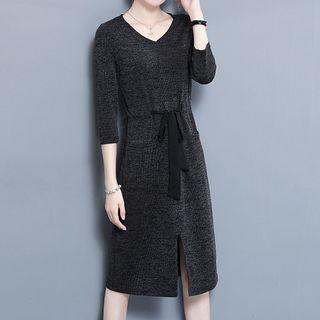 V-neck Tie-waist 3/4-sleeve Midi Knit Dress