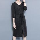 V-neck Tie-waist 3/4-sleeve Midi Knit Dress
