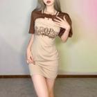 Set: Sleeveless Lettering Mini Sheath Dress + Short-sleeve Cropped Polo Shirt