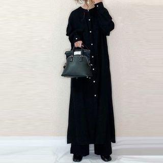 Long Sleeve Round Neck Shirt Dress Black - M