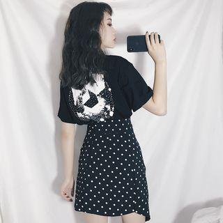 Short Sleeve Print T-shirt / Dot Print Mini A-line Skirt