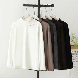 Mock Turtleneck Letter Embroidered Long-sleeve Velvet Top