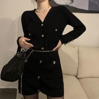 Set; Long-sleeve Button-up Knit Mini Sheath Dress + Waist Chain Dress - Black - One Size / Waist Chain - Silver - One Size
