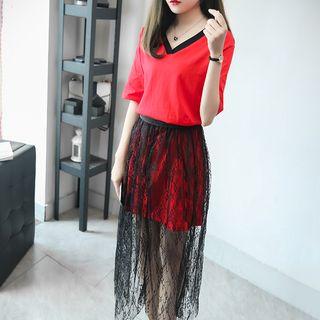 Set: V-neck Elbow-sleeve T-shirt Dress + Sheer Lace Midi Skirt