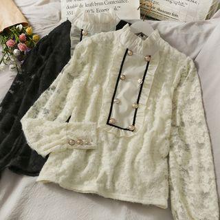 Brushed Stand-collar Ruffled Lace Blouse