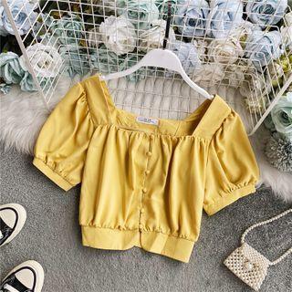 Square-neck Puff Short-sleeve Cropped Blouse