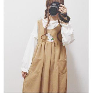 Set: Long-sleeve Plain Blouse + Embroidered Pinafore Midi Dress