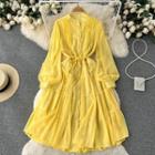 Long-sleeve Plain Pleated Lace-up Dress